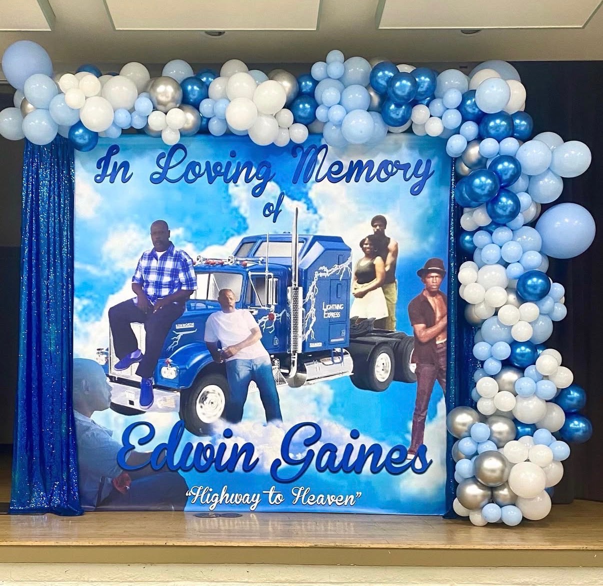 In Loving Memory backdrop & balloon garland